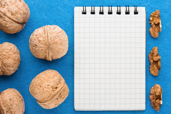 Menu background. Cook book. Recipe notebook with walnuts on a blue background