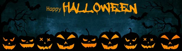 Halloween Banner Fondo Amplia Plantilla Panorámica Silueta Espeluznantes Calabazas Dibujos —  Fotos de Stock