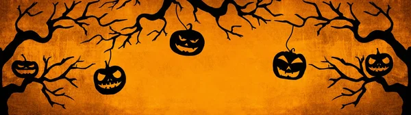 Halloween Sfondo Banner Ampio Panorama Panoramico Modello Silhouette Spaventoso Intagliato — Foto Stock