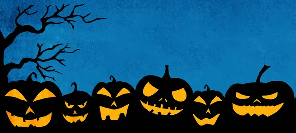 Modèle Bannière Arrière Plan Halloween Silhouette Citrouilles Arbres Dessin Animé — Photo