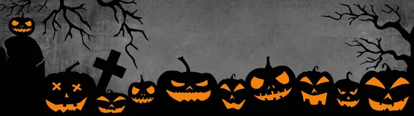Halloween Sfondo Banner Ampio Panorama Panoramico Modello Silhouette Spaventoso Intagliato — Foto Stock