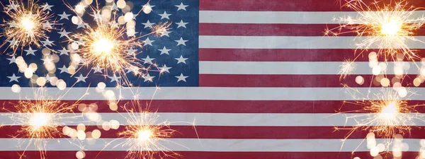 Usa Sfondo Banner Panorama Modello Biglietto Auguri Sventolando Bandiera Americana — Foto Stock