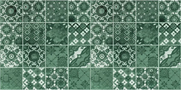 Staré Opotřebované Zelené Bezešvé Čtvercové Retro Mozaiky Dlaždice Stěna Textura — Stock fotografie