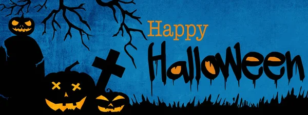 Halloween Background Banner Template Silhouette Scary Carved Luminous Cartoon Pumpkins — Φωτογραφία Αρχείου