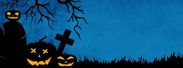 Halloween Tło Baner Szablon Sylwetka Przerażające Rzeźbione Świecące Dynie Kreskówki — Zdjęcie stockowe