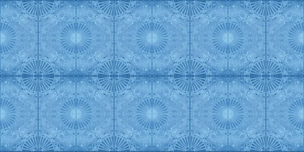旧蓝色老式斑纹正方形马赛克母题瓷砖混凝土墙体墙纸背景 圆形印刷 — 图库照片