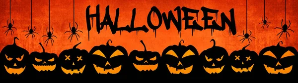 Halloween Sfondo Banner Ampio Panorama Panoramico Modello Silhouette Zucche Fumetto — Foto Stock