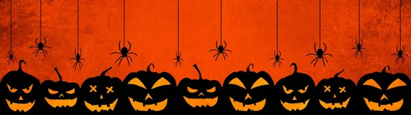 Halloween Banner Φόντο Ευρύ Πανοραμικό Πρότυπο Σιλουέτα Τρομακτικό Σκαλιστά Φωτεινά — Φωτογραφία Αρχείου