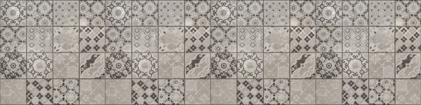 灰白色明亮的复古几何正方形马赛克主题水泥瓷砖纹理背景横幅全景 — 图库照片