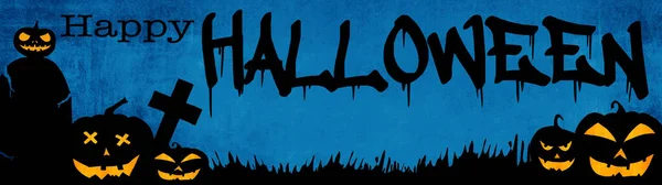 Halloween Background Banner Template Silhouette Scary Carved Luminous Cartoon Pumpkins — Φωτογραφία Αρχείου