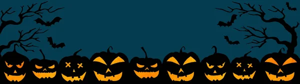 Halloween Banner Fondo Amplia Plantilla Panorámica Silueta Espeluznantes Calabazas Dibujos —  Fotos de Stock