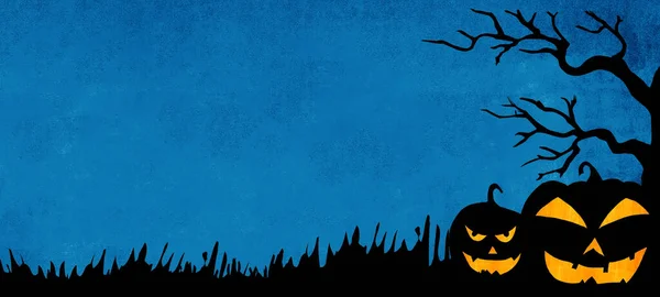 Halloween Plantilla Banner Fondo Silueta Espeluznantes Calabazas Dibujos Animados Luminosos —  Fotos de Stock