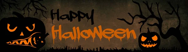 Halloween Sfondo Banner Ampio Panorama Panoramico Modello Silhouette Zucche Fumetto — Foto Stock