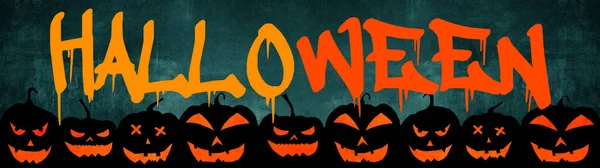 Halloween Sfondo Banner Ampio Panorama Panoramico Modello Silhouette Zucche Fumetto — Foto Stock