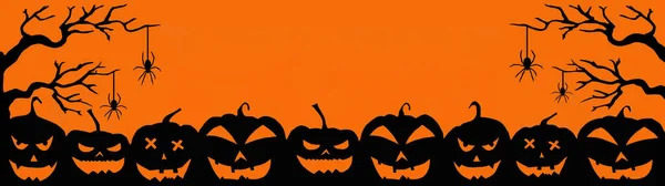 Halloween Banner Fondo Amplia Plantilla Panorámica Silueta Espeluznantes Calabazas Dibujos — Foto de Stock