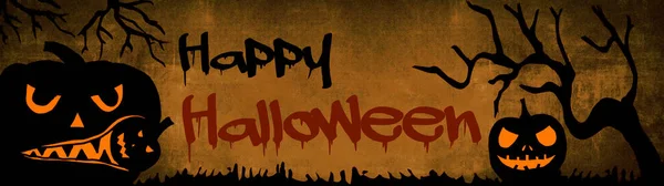 Halloween Banner Fondo Amplia Plantilla Panorámica Silueta Espeluznantes Calabazas Dibujos —  Fotos de Stock