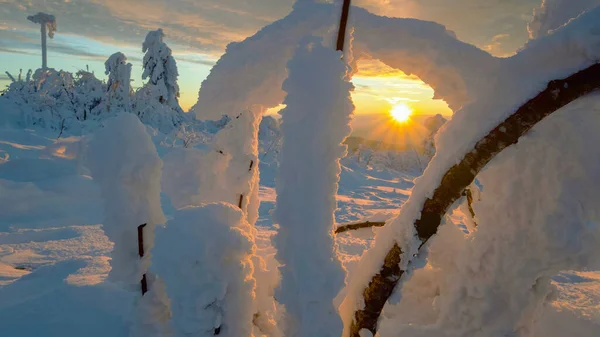 德国欧洲黑森林 冬季仙境 冬季雪景雪景中的落日背景全景 — 图库照片