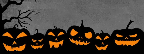 Halloween Background Banner Template Silhouette Scary Carved Luminous Cartoon Pumpkins — Stockfoto