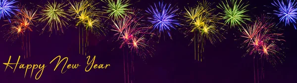 Silvester New Year Background Banner Panorama Long Colorful Firework Темно — стокове фото