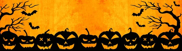 Halloween Bakgrund Banner Bred Panorama Mall Silhuett Skrämmande Snidade Lysande — Stockfoto