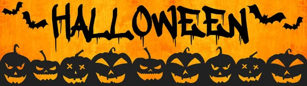 Halloween Sfondo Banner Ampio Panorama Panoramico Modello Silhouette Zucche Fumetto — Foto Stock