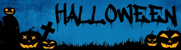 Halloween Background Banner Template Silhouette Scary Carved Luminous Cartoon Pumpkins — Φωτογραφία Αρχείου