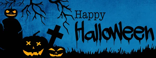 Halloween Background Banner Template Silhouette Scary Carved Luminous Cartoon Pumpkins — Stockfoto