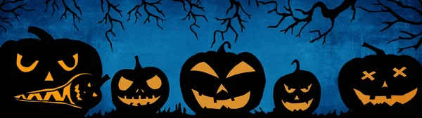 Halloween Sfondo Banner Ampio Panorama Panoramico Modello Silhouette Spaventoso Intagliato — Foto Stock