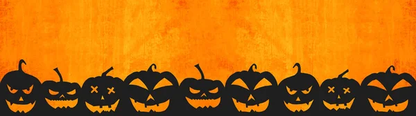 Halloween Sfondo Banner Ampio Panorama Panoramico Modello Silhouette Zucche Fumetto — Foto Stock