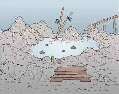 Kayalarda göl vektör illüstrasyonu