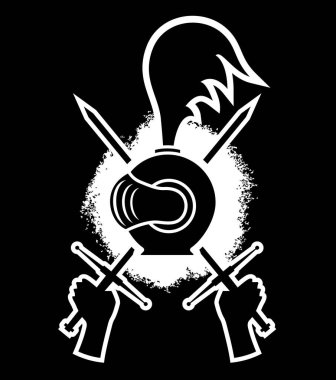 Kılıçlı bir şövalye miğferi tasviri.