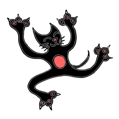 Siyah kedi beyaz arka planda dans ediyor.