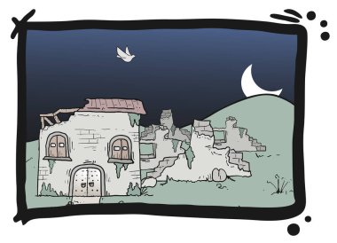 soyut pankart, harabe evi ile çerçeve vektör illüstrasyonu 