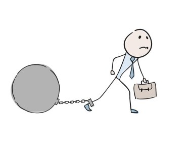 Bacağında büyük bir top olan bir iş adamı.