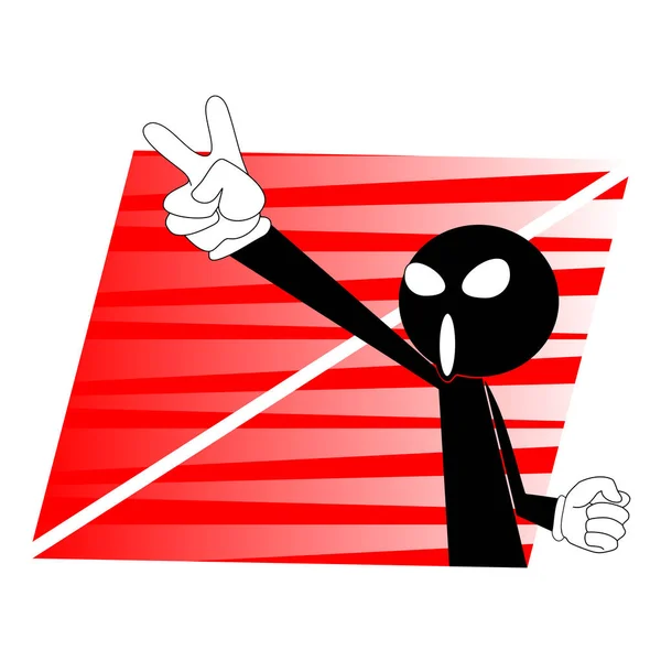 勝利のジェスチャーで手描きのコミックキャラクターのベクトルイラスト — ストックベクタ