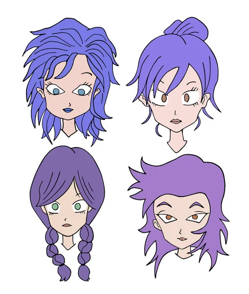 Čtyři Fialové Vlasy Ženy Obličeje — Stockový vektor