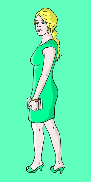 Grünes Kleid Frau Vektor Illustration — Stockvektor