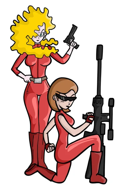 Ilustrasi Kartun Dari Seorang Wanita Dengan Pistol - Stok Vektor