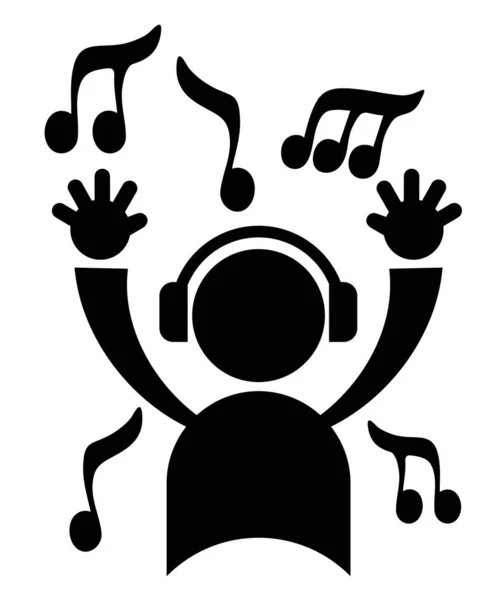 Векторная Иллюстрация Музыкальный Фон Характером Поднятыми Руками Иконками Заметок — стоковый вектор