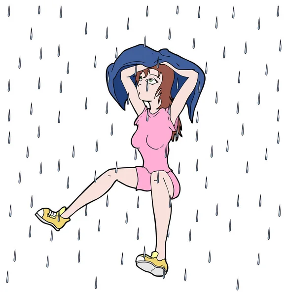 Mädchen Unter Regen Vektor Illustration — Stockvektor