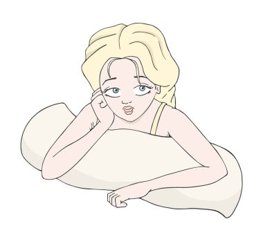 Yastık çeken güzel bir kız resmi.