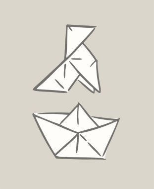 Güzel bir kuş ve tekne origami çizimi.