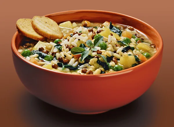 Orange bowl with cereals and vegetable lentils soup with crouton — Stock Image Orange bowl with cereals and vegetable lentils soup with crouton Stock Image