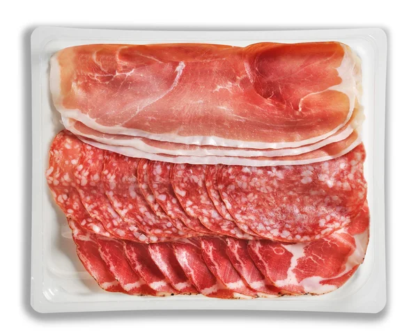 Tray Packaged of Presliced Ham Salami coppa — Stock Photo, Image