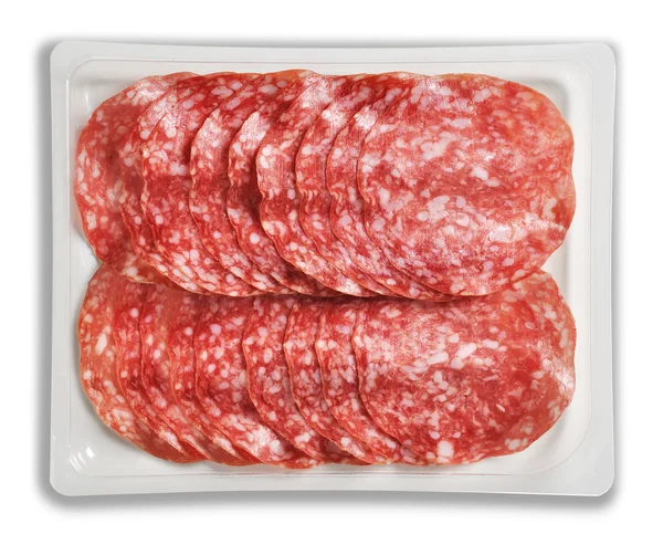 Presliced Salame paketlenmiş tepsi — Stok fotoğraf