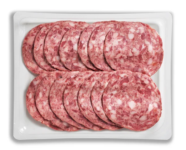 Bandeja Embalado de salame cozido pré-cozido com carne de porco de fígado — Fotografia de Stock