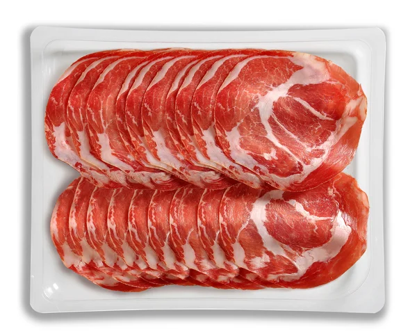 Tray Packaged of Presliced air cured pork meat coppa — Stock Photo, Image