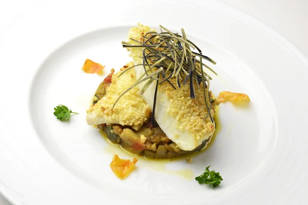 Fish dish, fillet of turbot in almond crust — Stock Photo, Image