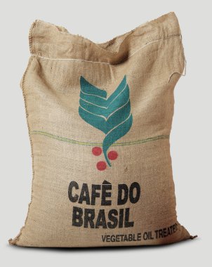 Jüt çuval etiket Brezilya kahvesi ile dolu