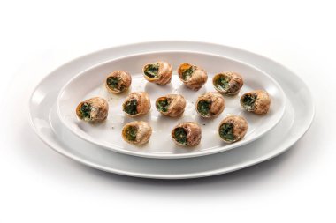 Salyangozlar beyaz oval bir tabakta Bourguignonne pişirdi.